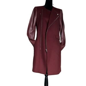 Zara Burgundy Trench Coat with Wool,Leather & Lambskin Accents